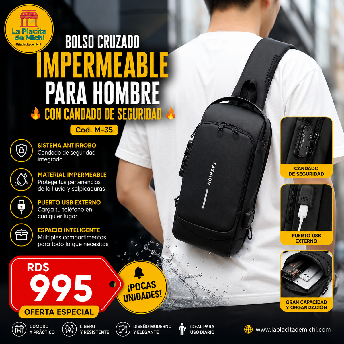 🔥 BOLSO CRUZADO IMPERMEABLE PARA HOMBRE CON CANDADO DE SEGURIDAD 🔥
🆔 Cod. M-35

💰 RD$995