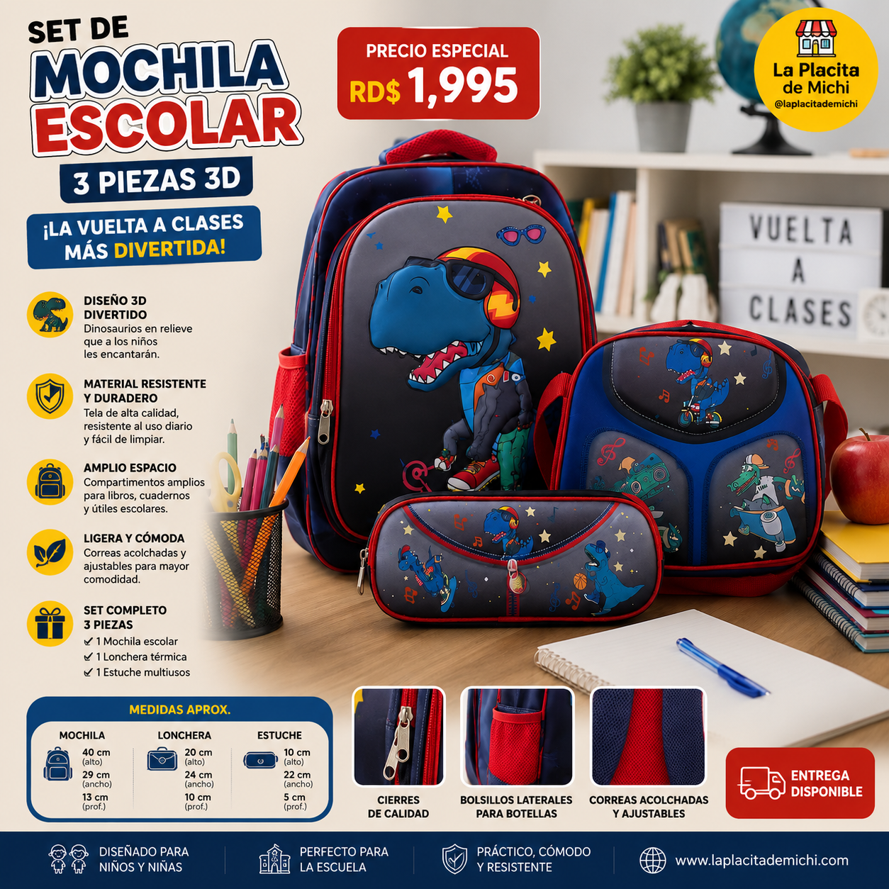 🦖🎒 SET DE MOCHILA ESCOLAR 3 PIEZAS 3D – ¡LA VUELTA A CLASES MÁS DIVERTIDA! 🎒🦖

💰 RD$1,995