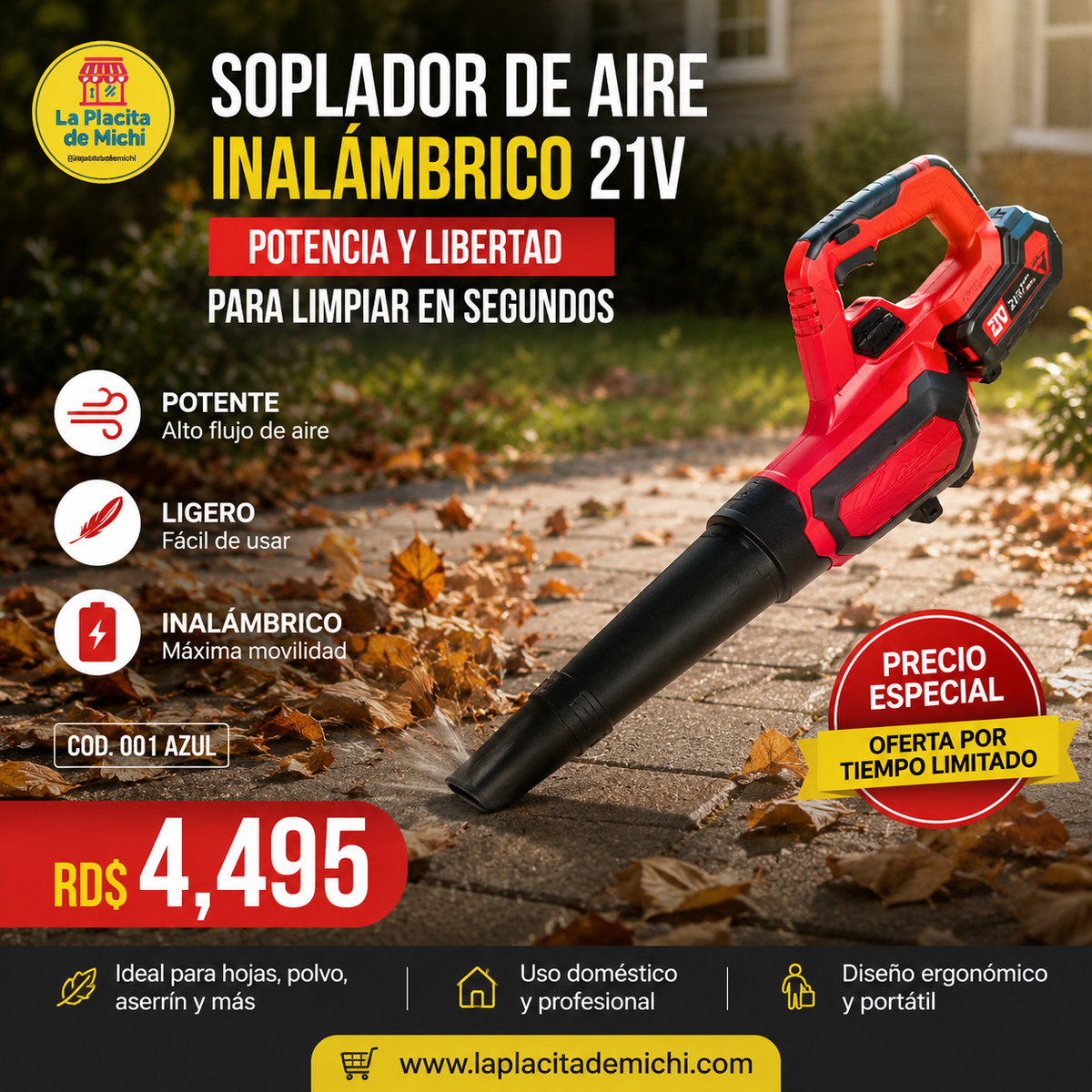🍃💨 SOPLADOR DE AIRE INALÁMBRICO 21V – POTENCIA Y LIBERTAD PARA LIMPIAR EN SEGUNDOS 💨🍃 ( Cod. 001 Azul)

💰 RD$4,495