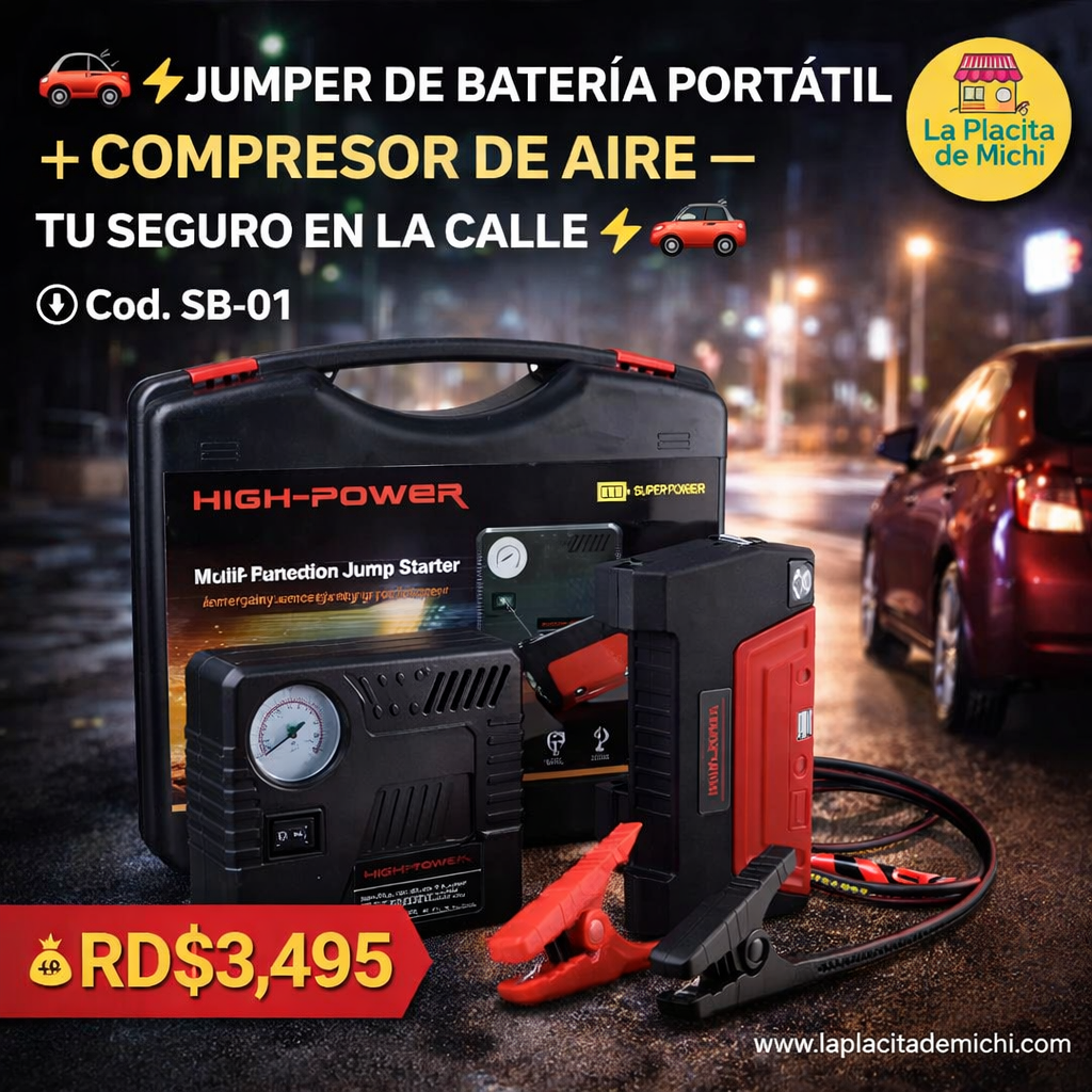 🚗⚡ JUMPER DE BATERÍA PORTÁTIL + COMPRESOR DE AIRE – TU SEGURO EN LA CALLE ⚡🚗
(Cod. SB-01)

💰 RD$3,495