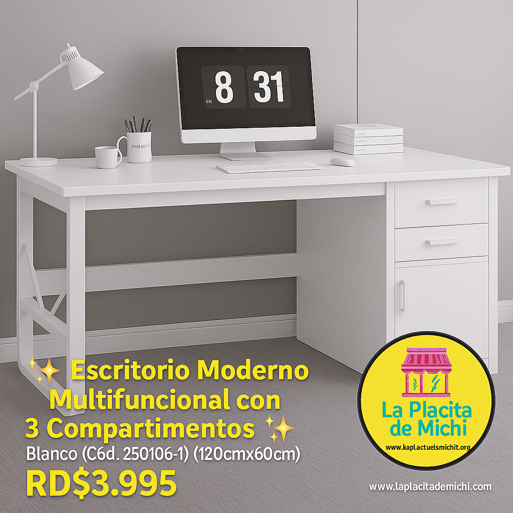 🪑✨ Escritorio Moderno Multifuncional con 3 Compartimentos ✨🪑Blanco 
(Cód. 250106-1) (120cmx60cm)

💰RD$3,995