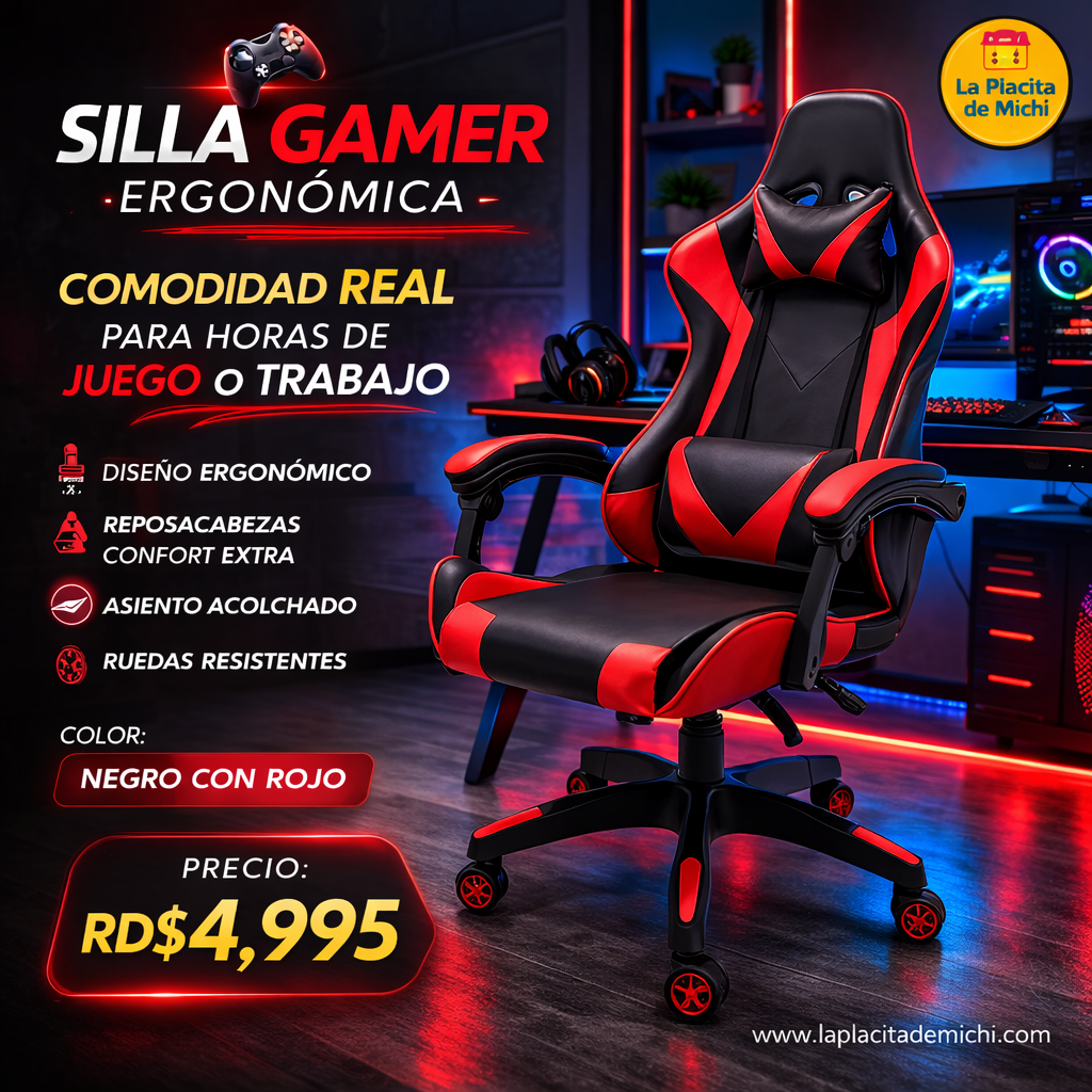 🎮🔥 SILLA GAMER ERGONÓMICA – COMODIDAD REAL PARA HORAS DE JUEGO O TRABAJO 🔥🎮
🎨 Color: Negro con Rojo

💰 Precio: RD$4,995