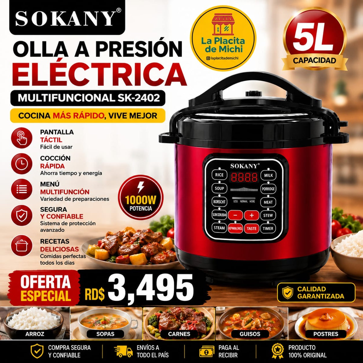 🍲⚡ Olla de Presión Eléctrica Multifuncional Sokany SK-2402 (5L) ⚡🍲

💰 RD$3,495