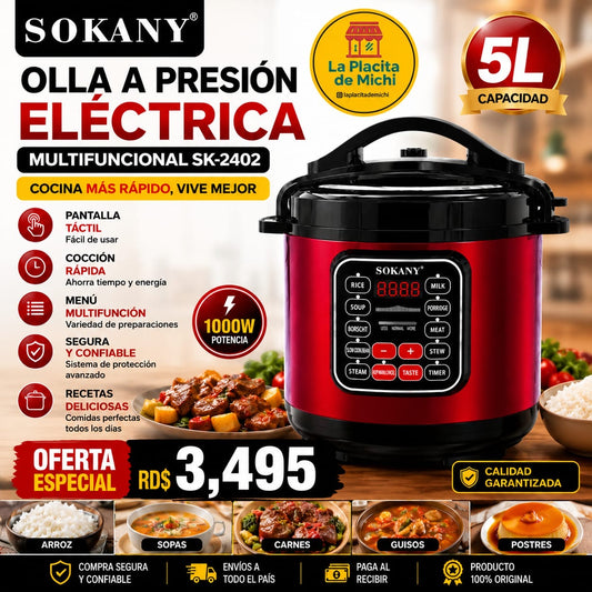 🍲⚡ Olla de Presión Eléctrica Multifuncional Sokany SK-2402 (5L) ⚡🍲

💰 RD$3,495