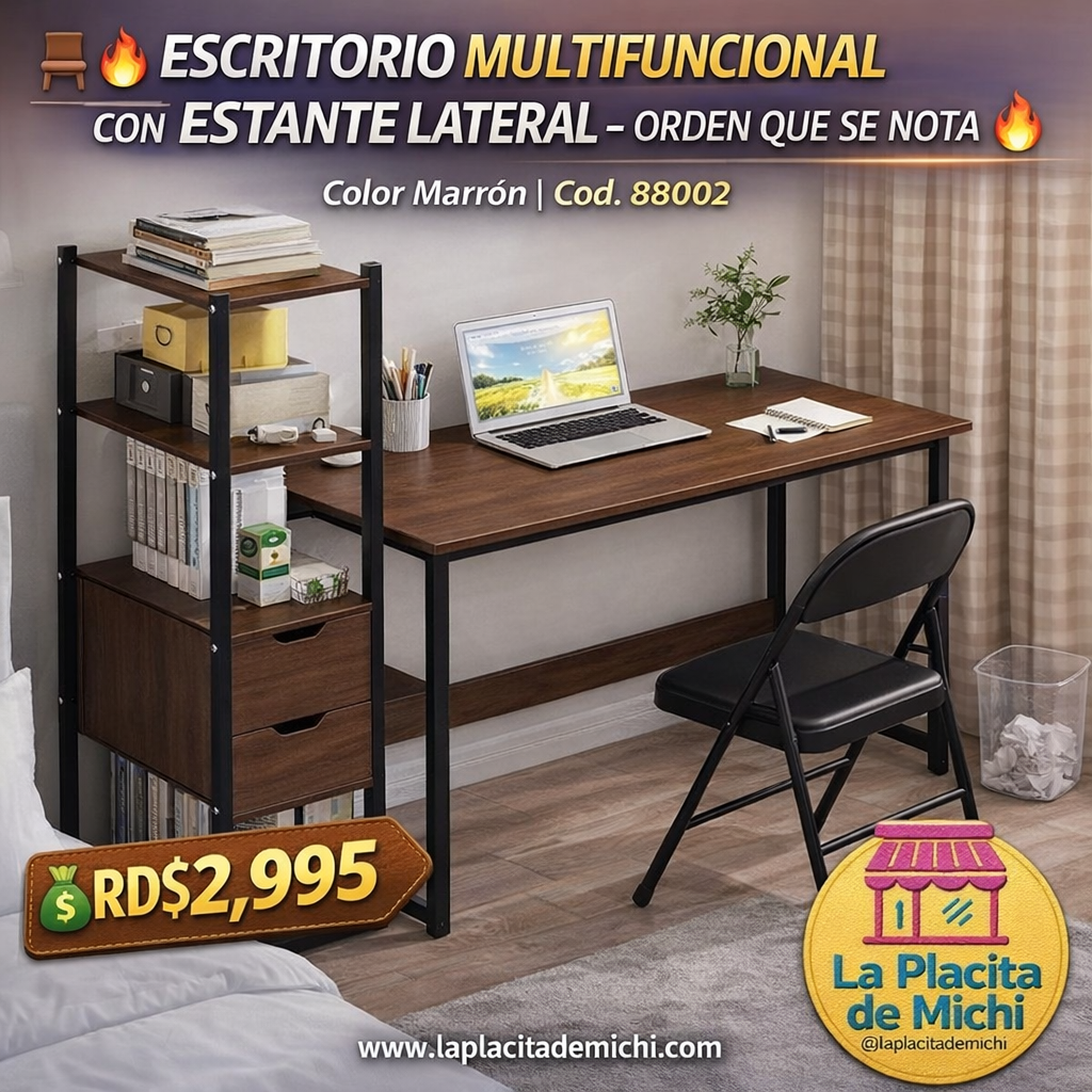 🪑🔥 ESCRITORIO MULTIFUNCIONAL CON ESTANTE LATERAL – ORDEN QUE SE NOTA 🔥🪑
Color Marrón | Cod. 88002

💰 RD$2,995