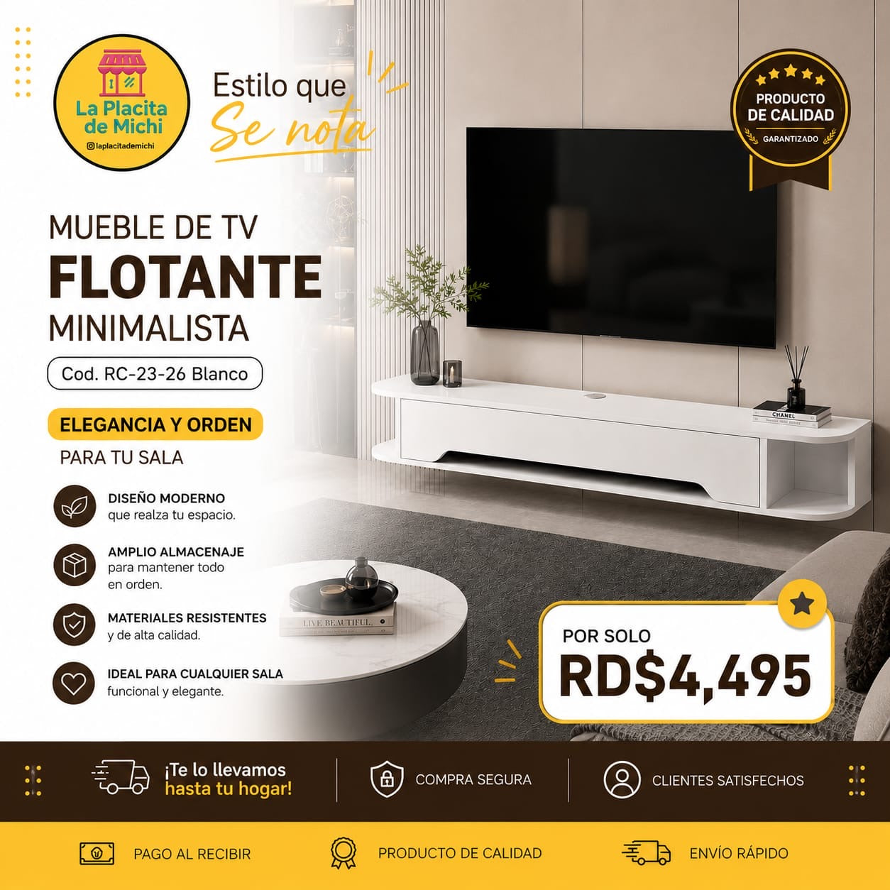 ✨📺 MUEBLE DE TV FLOTANTE MINIMALISTA – ELEGANCIA Y ORDEN PARA TU SALA ✨📺 (Cod. RC-23-26 Blanco)

💰RD$4,495 

📐 Medidas:
• Largo: 130 cm
• Fondo: 24 cm
• Alto: 20 cm