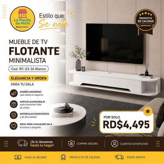 ✨📺 MUEBLE DE TV FLOTANTE MINIMALISTA – ELEGANCIA Y ORDEN PARA TU SALA ✨📺 (Cod. RC-23-26 Blanco)

💰RD$4,495 

📐 Medidas:
• Largo: 130 cm
• Fondo: 24 cm
• Alto: 20 cm