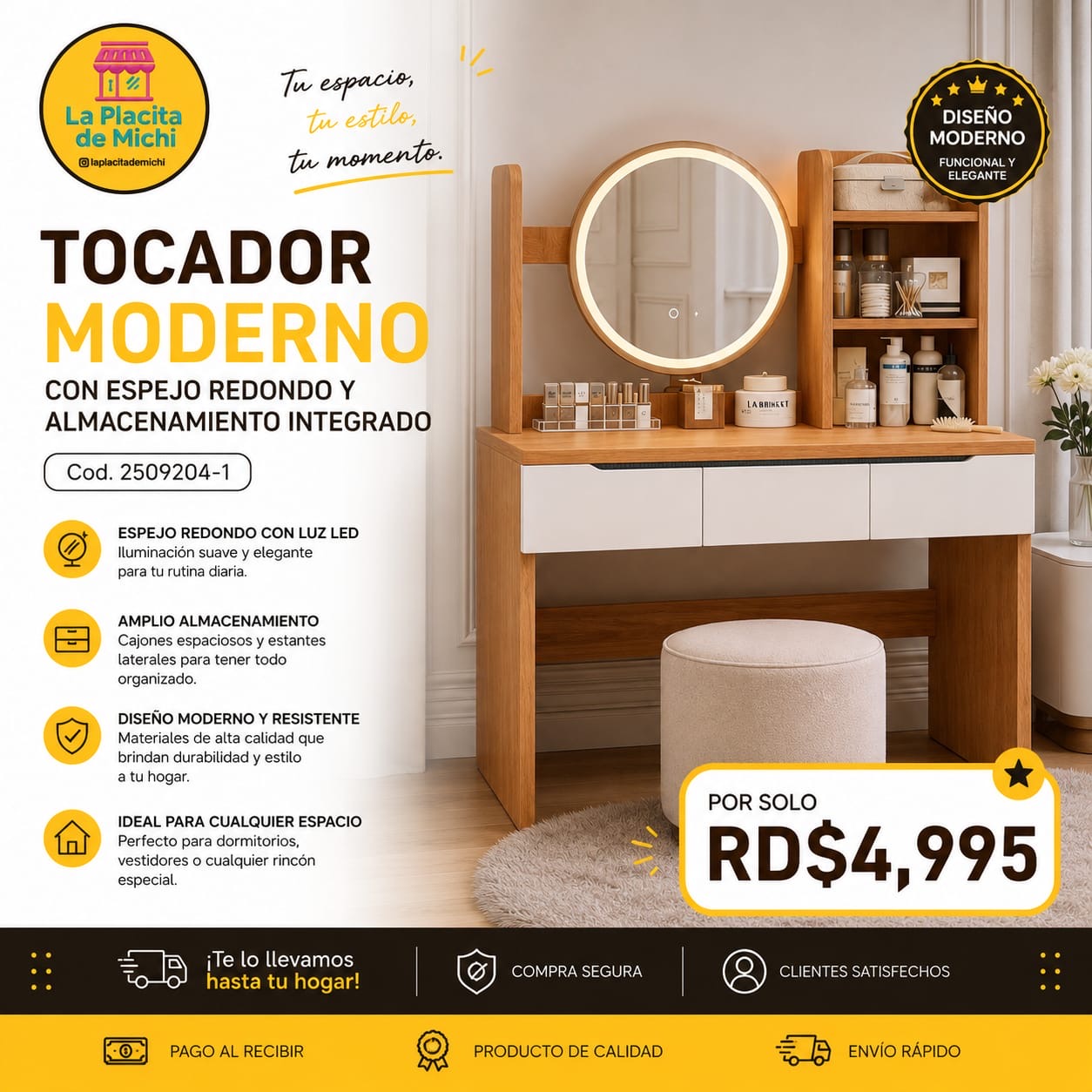 ✨ Tocador Moderno con Espejo Redondo y Almacenamiento Integrado ✨(Cod. 2509204-1)

💰RD$4,995