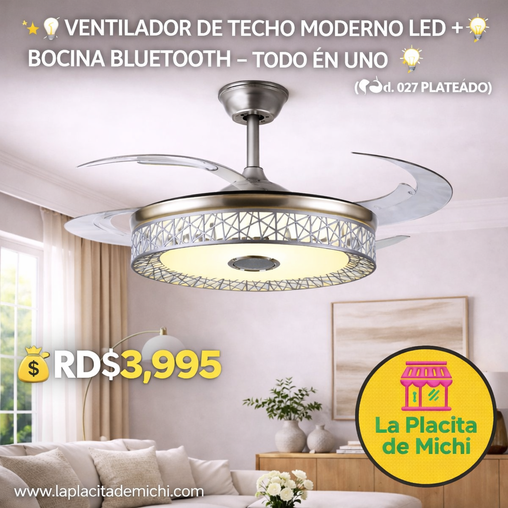 ✨💡 VENTILADOR DE TECHO MODERNO LED + BOCINA BLUETOOTH – TODO EN UNO 💡✨
📌 (Cod. 027 PLATEADO)

💰RD$3,995