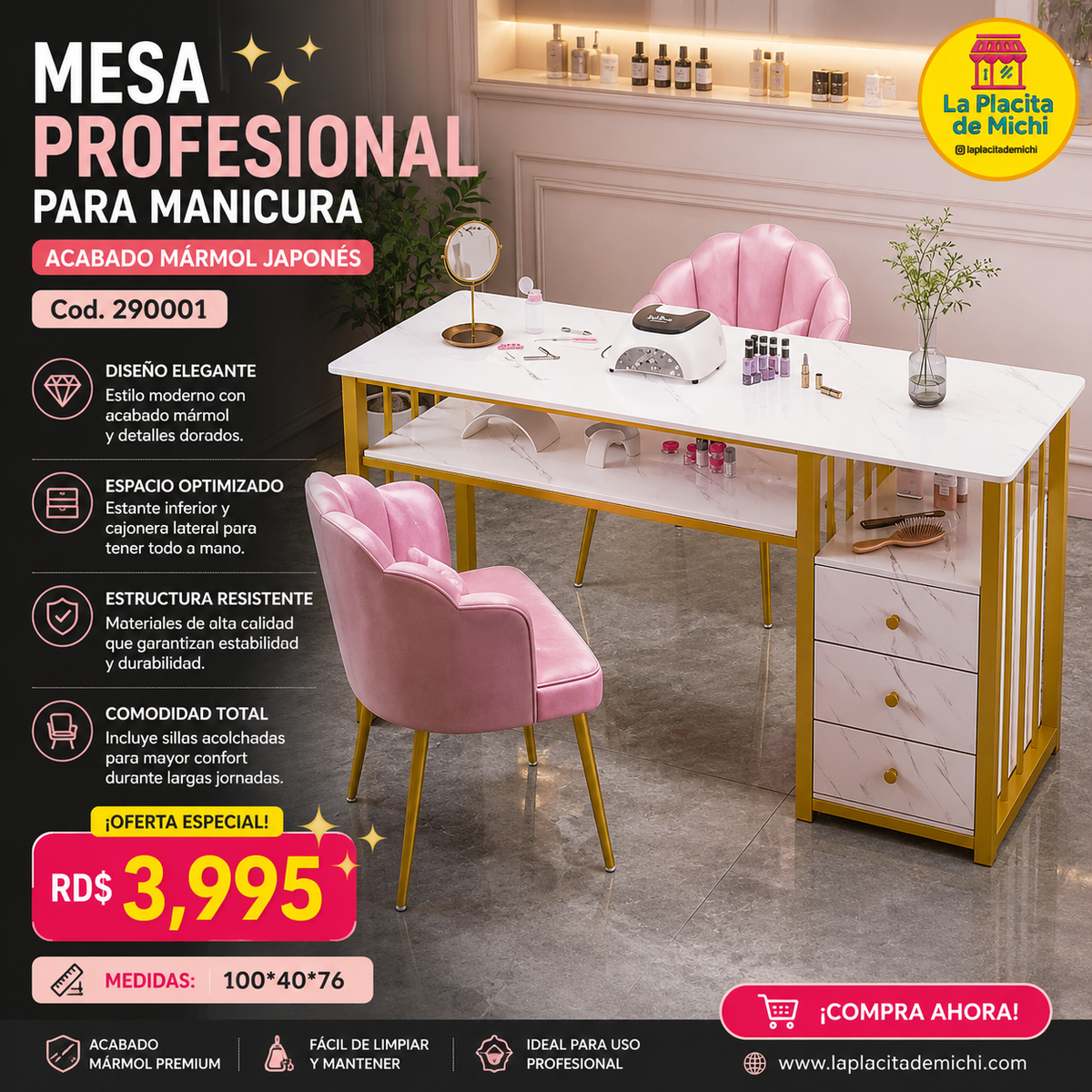 💅 MESA PROFESIONAL DE UÑAS PARA MANICURA – ACABADO MÁRMOL JAPONÉS
🆔 Cod. 290001

💰 RD$3,995

Medidas: 100*40*76