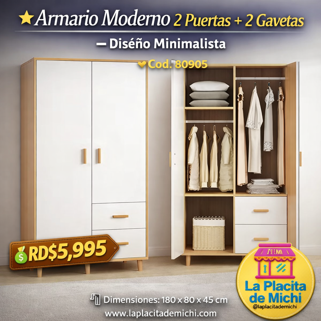 ⭐ Armario Moderno 2 Puertas + 2 Gavetas – Diseño Minimalista
📌 Cod. 80905

💰 RD$5,995

📏 Dimensiones: 180 × 80 × 45 cm