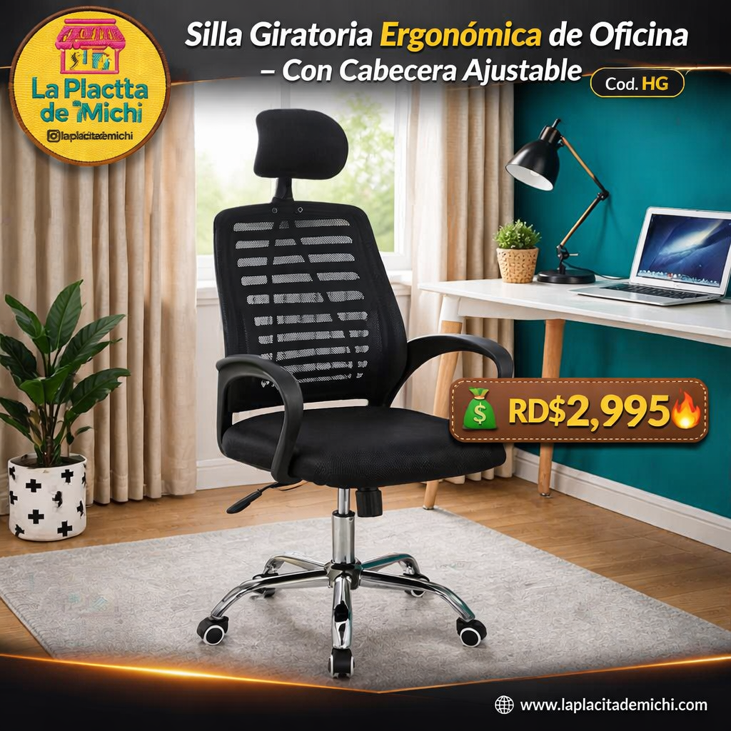 🪑 Silla Giratoria Ergonómica de Oficina – Con Cabecera Ajustable (Cod. HG)

💰RD$2,995