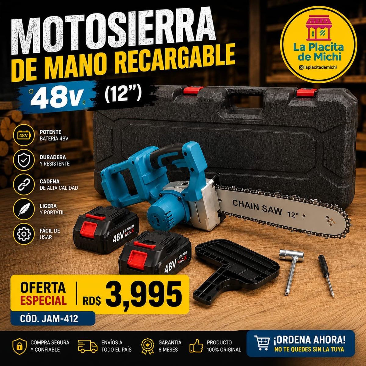 Motosierra de Mano Recargable (48v) (12”)
(Cod.JAM-412)

💰RD$3,995