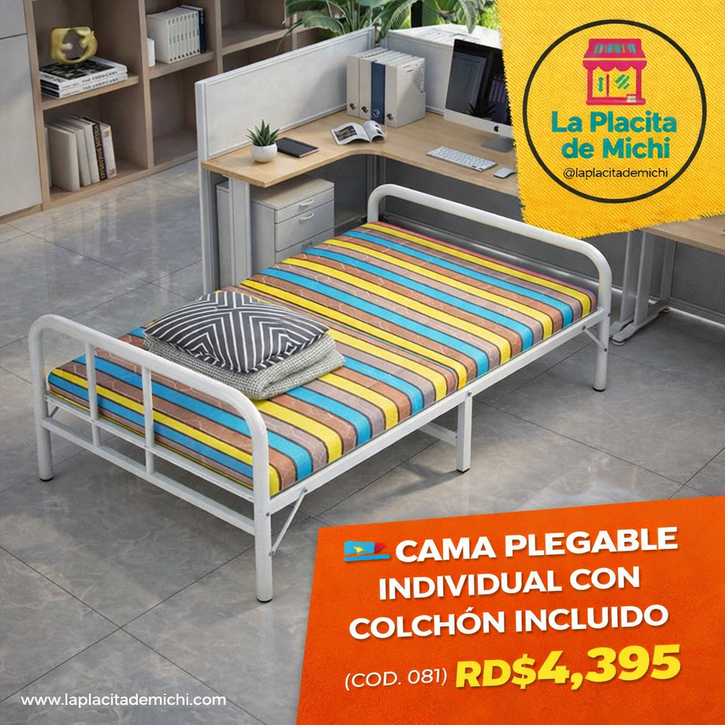 🛏️ CAMA PLEGABLE INDIVIDUAL CON COLCHÓN INCLUIDO
(COD. 081)

💰 RD$4,395 

📐 Medidas de la cama plegable:
	•	Largo: 180 cm
	•	Ancho: 100 cm
	•	Altura: 40 cm