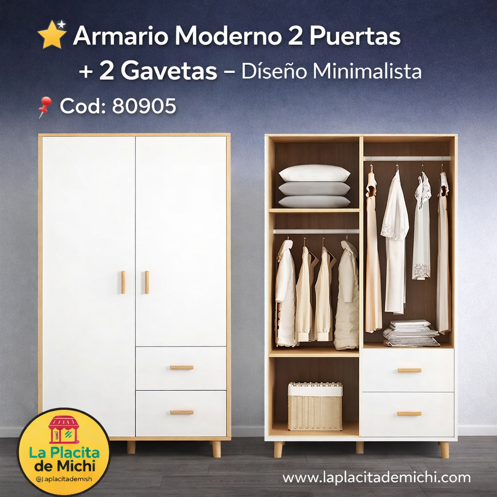 ⭐ Armario Moderno 2 Puertas + 2 Gavetas – Diseño Minimalista
📌 Cod. 80905

💰 RD$5,995

📏 Dimensiones: 180 × 80 × 45 cm