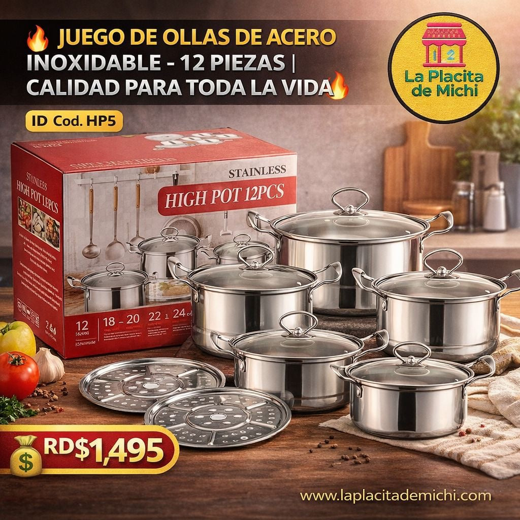 🔥 JUEGO DE OLLAS DE ACERO INOXIDABLE – 12 PIEZAS | CALIDAD PARA TODA LA VIDA 🔥
🆔 Cod. HP5

💰 RD$1,495