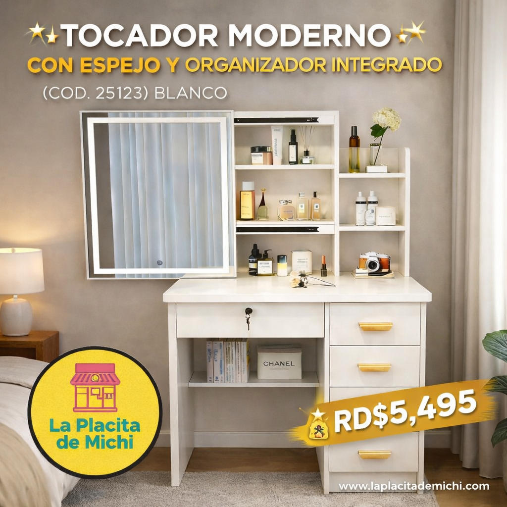 ✨ TOCADOR MODERNO CON ESPEJO Y ORGANIZADOR INTEGRADO ✨
(COD. 25123) BLANCO 

💰RD$5,495