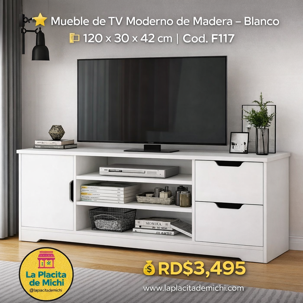 ⭐ Mueble de TV Moderno de Madera – Blanco
📏 120 × 30 × 42 cm | Cod. F117
💰 RD$3,495