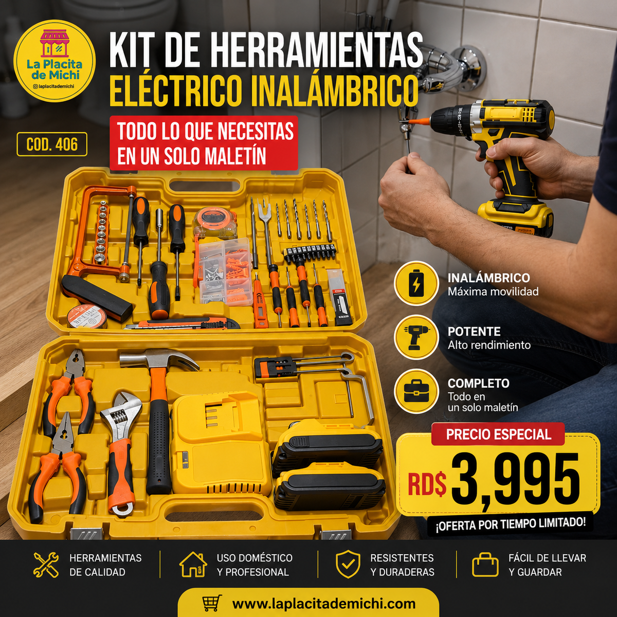 🔧⚡ KIT DE HERRAMIENTAS ELÉCTRICO INALÁMBRICO – TODO LO QUE NECESITAS EN UN SOLO MALETÍN ⚡🔧( COD. 406)

💰RD$3,995