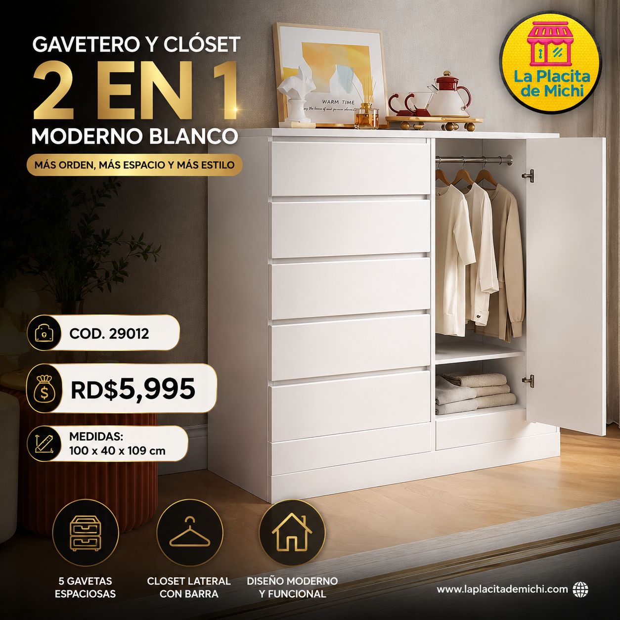 ✨🤍 GAVETERO Y CLÓSET 2 EN 1 MODERNO BLANCO – MÁS ORDEN, MÁS ESPACIO Y MÁS ESTILO 🤍✨
🆔 Cod. 29012

💰RD$5,995

📏 Medidas: 100 x 40 x 109 cm