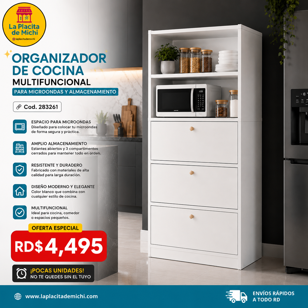 🍽️✨ ORGANIZADOR DE COCINA MULTIFUNCIONAL PARA MICROONDAS Y ALMACENAMIENTO ✨🍽️

🆔 Cod. 283261 BLANCO 

💰 RD$4,495
