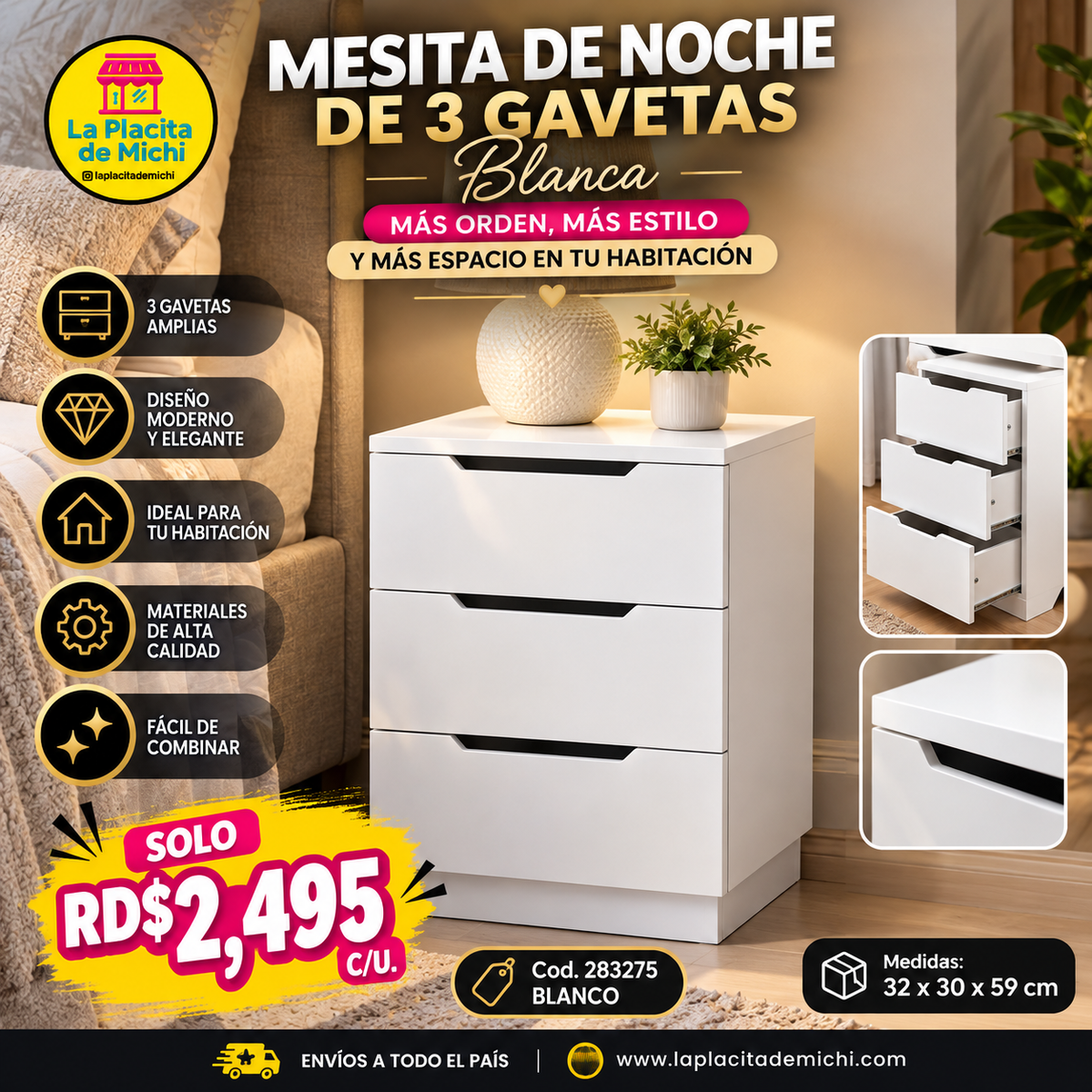✨🛏️ MESITA DE NOCHE DE 3 GAVETAS BLANCA – MÁS ORDEN, MÁS ESTILO Y MÁS ESPACIO EN TU HABITACIÓN ✨🛏️

🆔 Cod. 283275 BLANCO 

💰 RD$2,495 c/u.

📐 Medidas  (32x30x59cm)