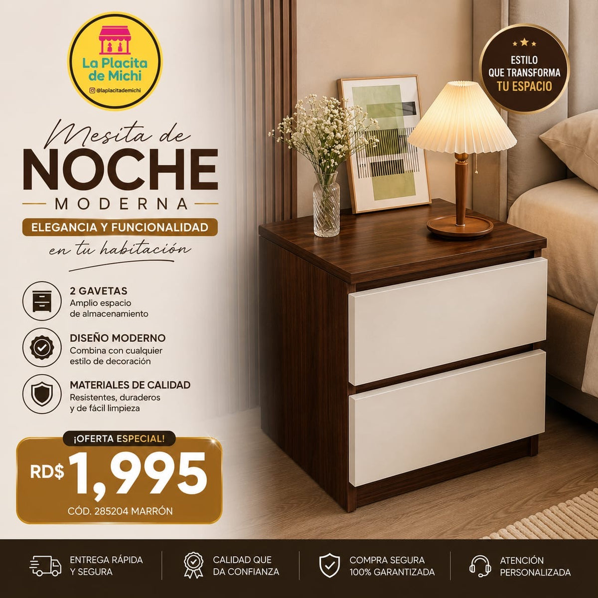 🛏️✨ MESITA DE NOCHE MODERNA 2 GAVETAS – ELEGANCIA Y FUNCIONALIDAD EN TU HABITACIÓN ✨🛏️

🆔 Cod. 285204 MARRÓN 

💰 RD$1,995