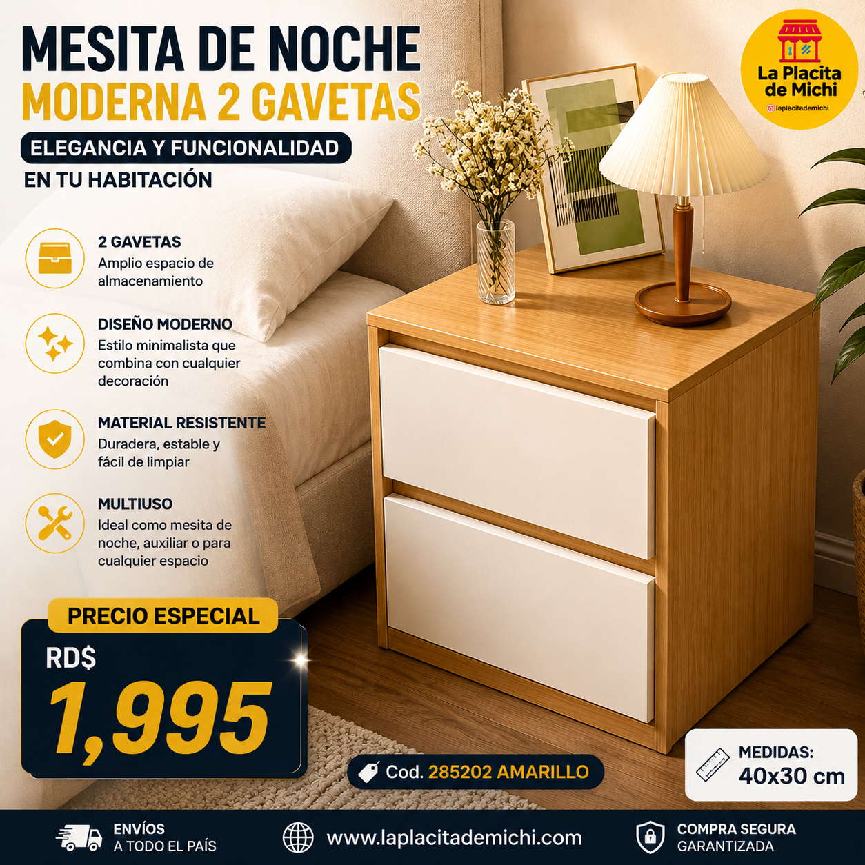 🛏️✨ MESITA DE NOCHE MODERNA 2 GAVETAS – ELEGANCIA Y FUNCIONALIDAD EN TU HABITACIÓN ✨🛏️

🆔 Cod. 285202 AMARILLO 

💰 RD$1,995

📏 Medidas: 40x30 cm