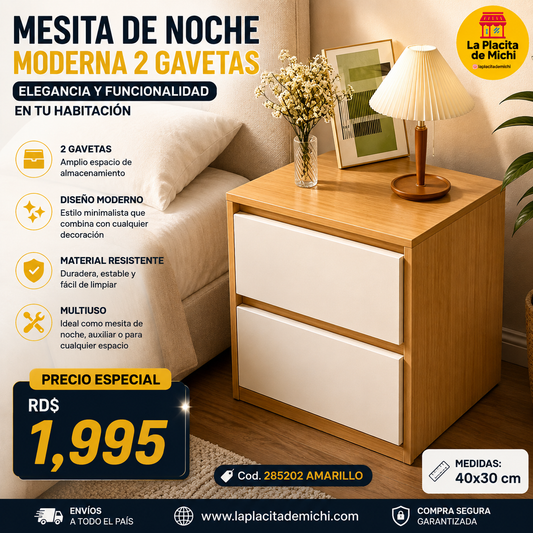 🛏️✨ MESITA DE NOCHE MODERNA 2 GAVETAS – ELEGANCIA Y FUNCIONALIDAD EN TU HABITACIÓN ✨🛏️

🆔 Cod. 285202 AMARILLO 

💰 RD$1,995

📏 Medidas: 40x30 cm