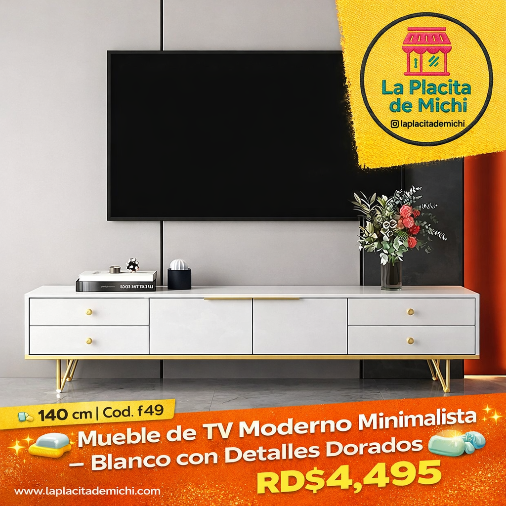 🧼✨ Mueble de TV Moderno Minimalista – Blanco con Detalles Dorados ✨🧼
📏 140 cm | Cod. f49

💰 RD$4,495