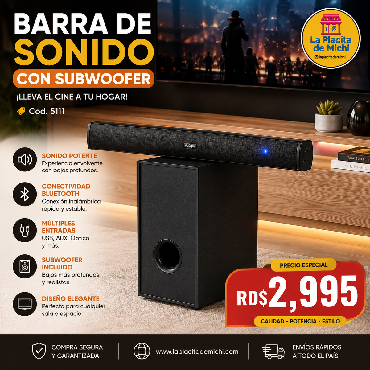 🔊✨ BARRA DE SONIDO CON SUBWOOFER – ¡LLEVA EL CINE A TU HOGAR! 🎬🎶 (Cod. 5111)

💰 RD$2,995