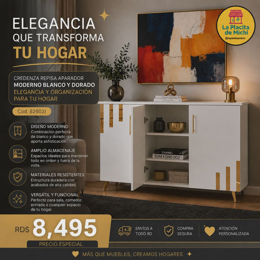 ✨🤍 CREDENZA REPISA APARADOR MODERNO BLANCO Y DORADO – ELEGANCIA Y ORGANIZACIÓN PARA TU HOGAR ✨

📌 Cod. 82603)

💰RD$8,495