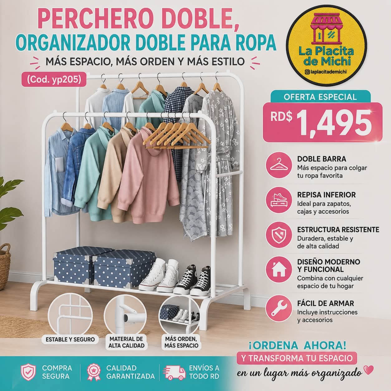 ✨👗 PERCHERO DOBLE, ORGANIZADOR DOBLE PARA ROPA – MÁS ESPACIO, MÁS ORDEN Y MÁS ESTILO 👗✨ (Cod.yp205)

💰RD$1,495