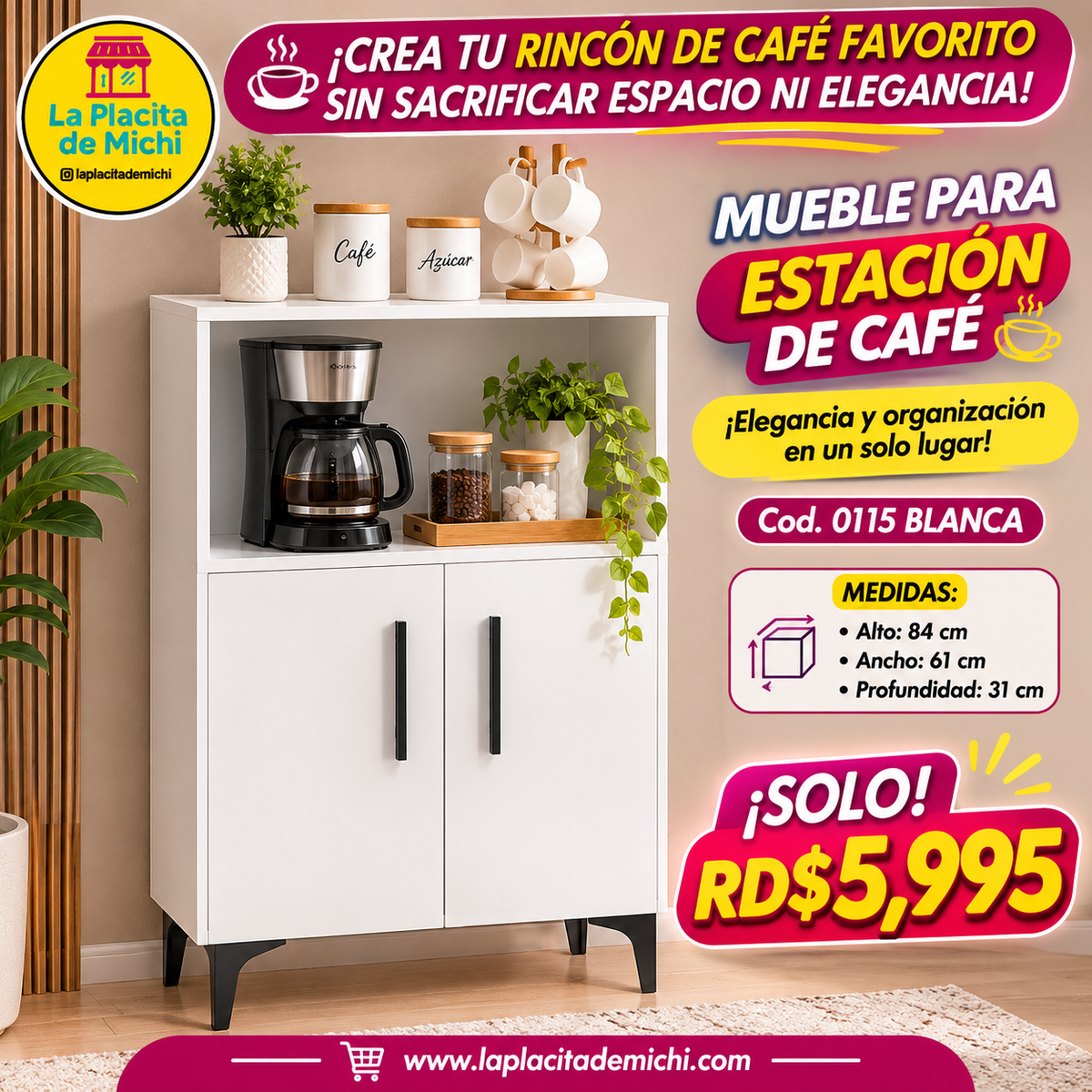 ☕✨ MUEBLE PARA ESTACIÓN DE CAFÉ – ¡ELEGANCIA Y ORGANIZACIÓN EN UN SOLO LUGAR! 🤍🏡 (Cod. 🆔 0115 BLANCA).                 💰 ¡SOLO RD$5,995! 🔥