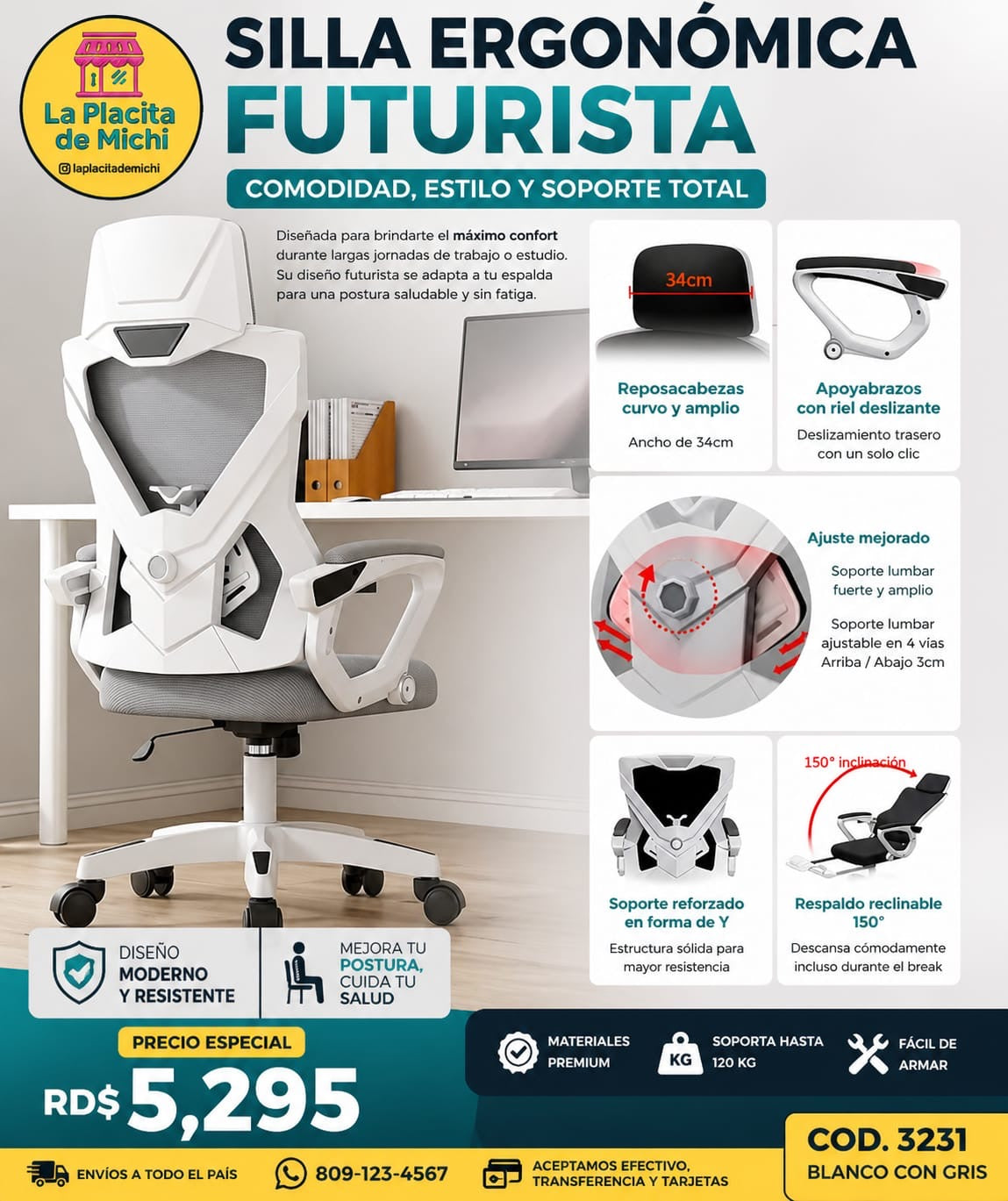 💺✨ SILLA ERGONÓMICA FUTURISTA – COMODIDAD, ESTILO Y SOPORTE TOTAL ✨💺 (Cod. 3231 Blanco con Gris)

💰RD$5,295