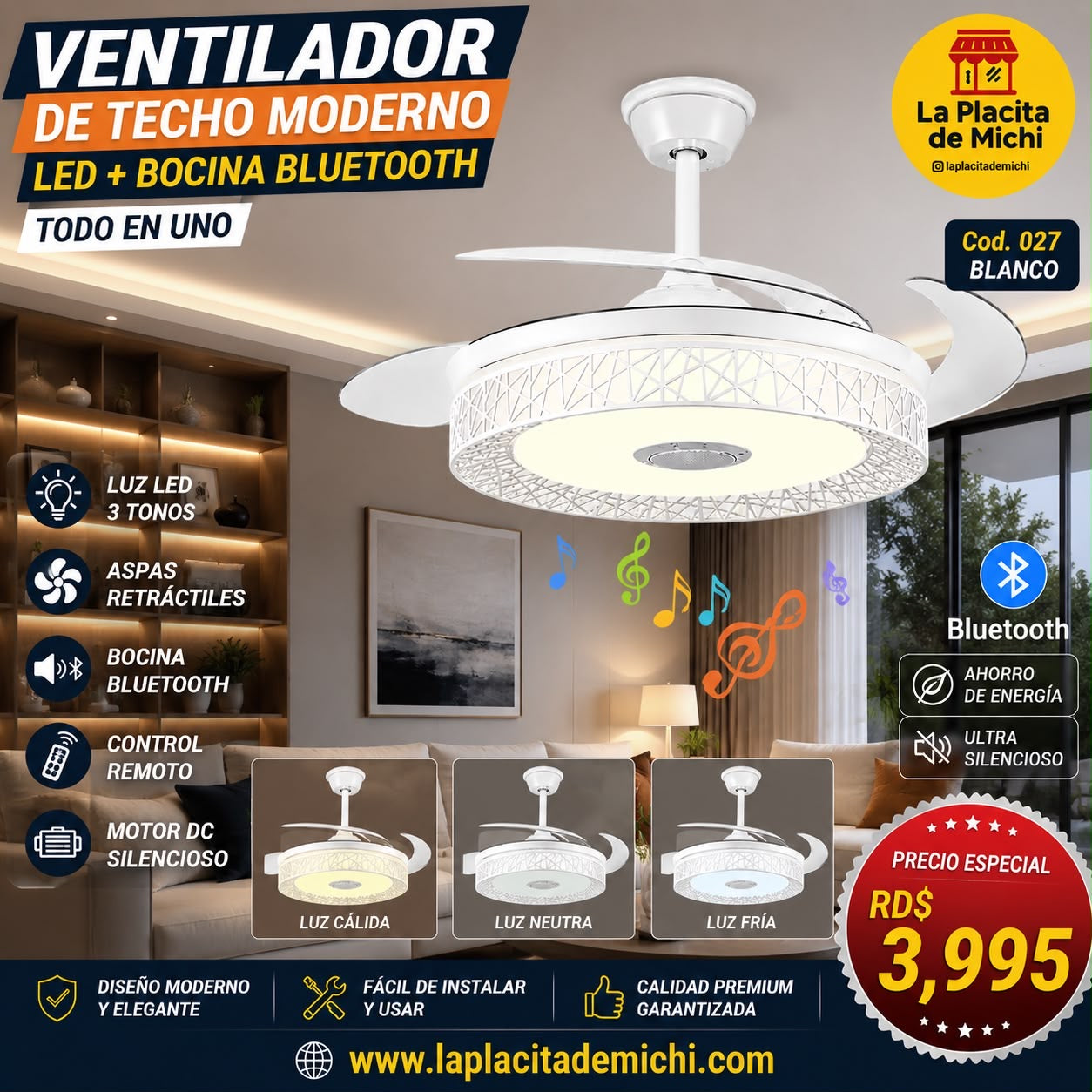 ✨💡 VENTILADOR DE TECHO MODERNO LED + BOCINA BLUETOOTH – TODO EN UNO 💡✨
📌 (Cod. 027 blanco )

💰RD$3,995