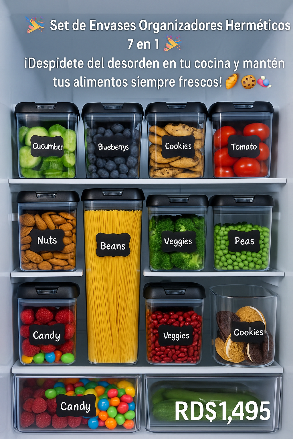 🥳✨ Set de Envases Organizadores Herméticos  7 en 1 ✨🥳

¡Despídete del desorden en tu cocina y mantén tus alimentos siempre frescos! 🥖🍪🍬