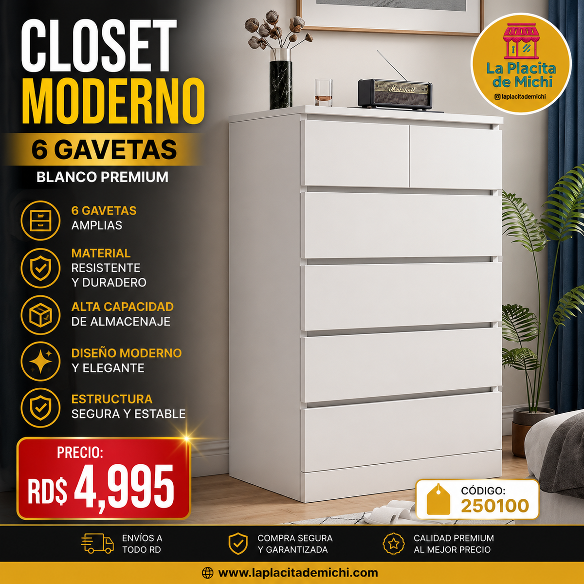 Closet Moderno 6 Gavetas – Blanco Premium (Alta Capacidad) (Cod.250100)
💰RD$4,995