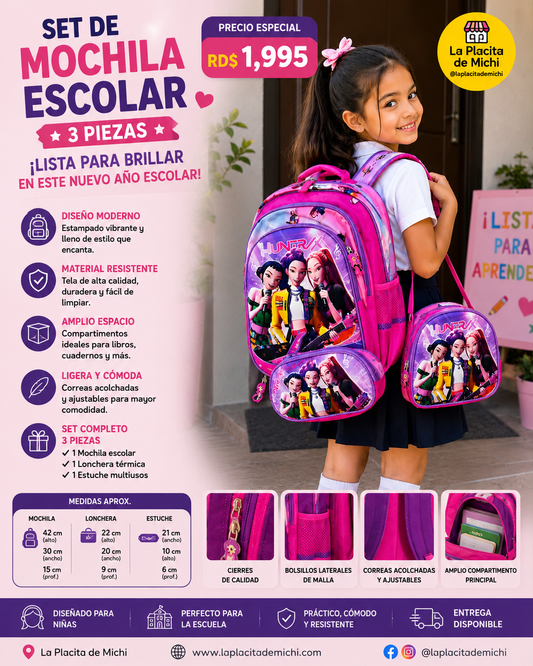 🎀🎒 SET DE MOCHILA ESCOLAR 3 PIEZAS – ¡LISTA PARA BRILLAR EN ESTE NUEVO AÑO ESCOLAR! ✨📚

💰 RD$1,995