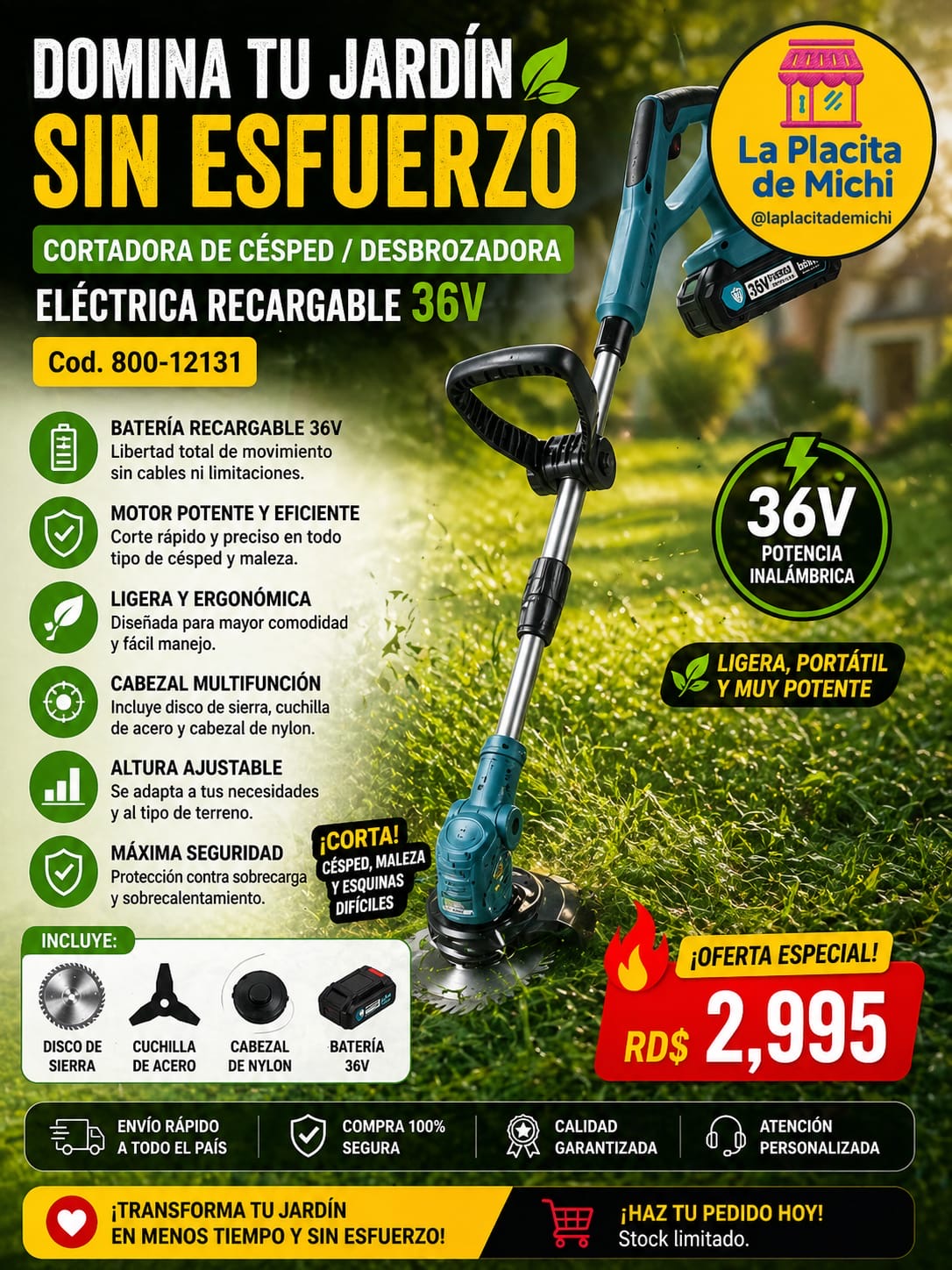 🌿⚡ CORTADORA DE CÉSPED / DESBROZADORA ELÉCTRICA RECARGABLE 36V ⚡🌿
🆔 (Cod. 800-12131)

💰 Precio: RD$2,995