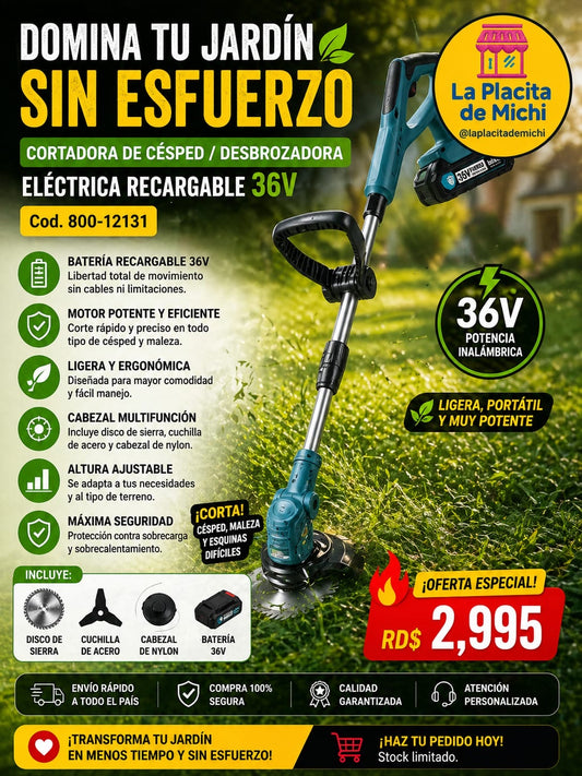 🌿⚡ CORTADORA DE CÉSPED / DESBROZADORA ELÉCTRICA RECARGABLE 36V ⚡🌿
🆔 (Cod. 800-12131)

💰 Precio: RD$2,995