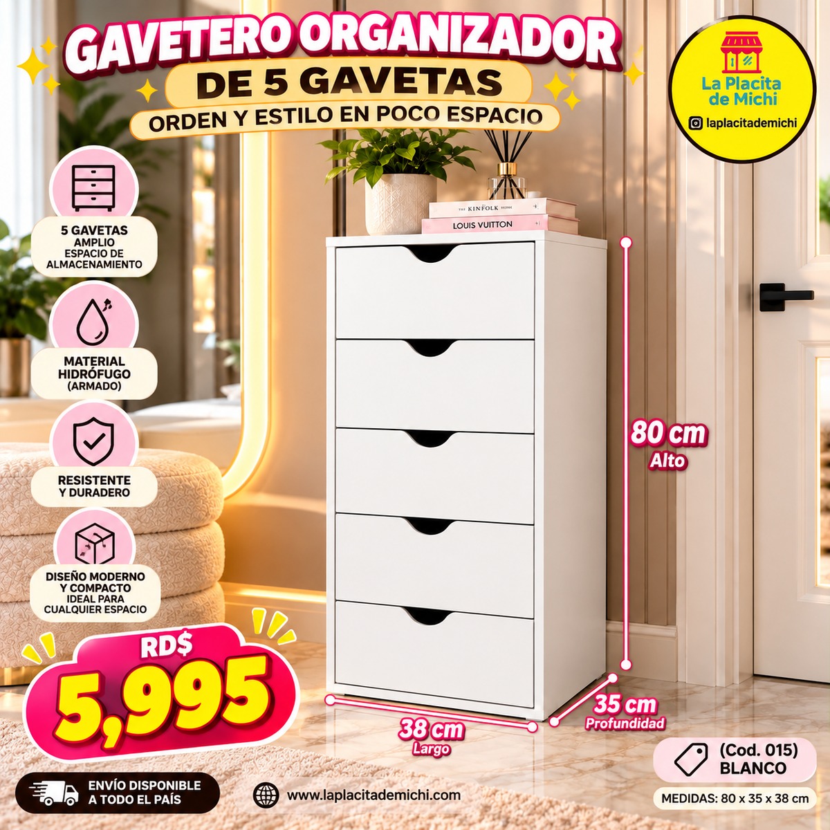 ✨🤍 GAVETERO ORGANIZADOR DE 5 GAVETAS – ORDEN Y ESTILO EN POCO ESPACIO 🤍✨
🆔(Cod. 015 Blanco) 

💰RD$5,995 

- Material Hidrofugo (Armado) (Medidas: 80x35x38 cm)