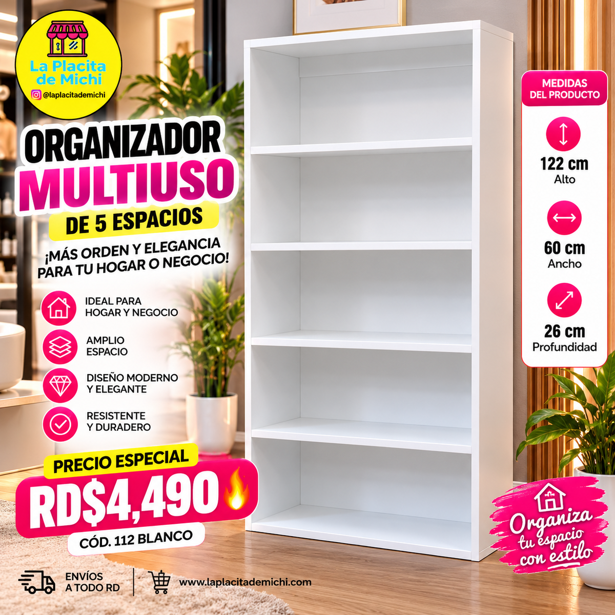 ✨🤍 ORGANIZADOR MULTIUSO DE 5 ESPACIOS – ¡MÁS ORDEN Y ELEGANCIA PARA TU HOGAR O NEGOCIO! 🏡💇‍♀️

(🆔 Cod. 112 BLANCO) 

💰RD$4,490 

- Medidas 📐 
122 cm Alto
60 cm Ancho 
26 cm Profundidad