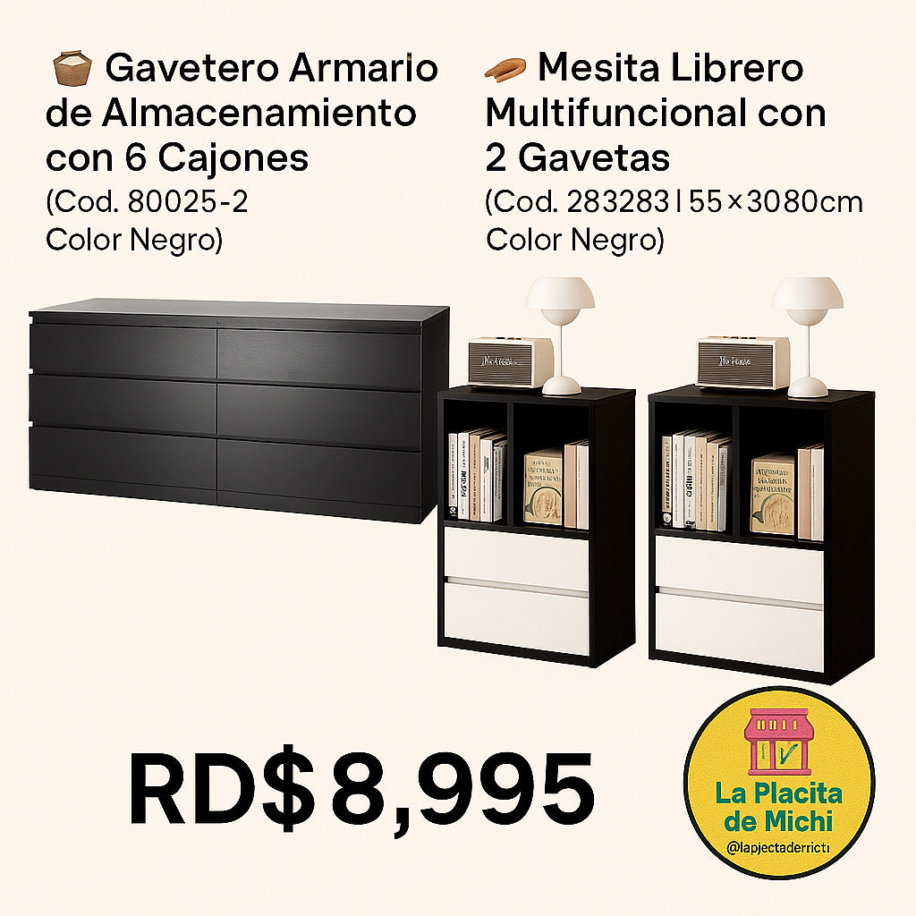 🧺 Gavetero Armario de Almacenamiento con 6 Cajones
(Cod. 80025-2 | Color Negro)

🪵 Mesita Librero Multifuncional con 2 Gavetas.
(Cod. 283283 | 55×30×80cm | Color Negro)

💰RD$8,995