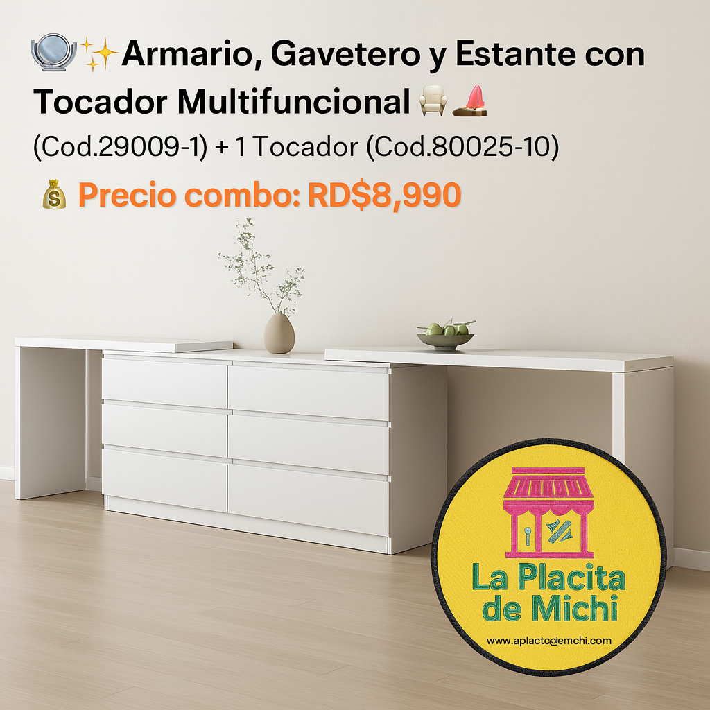 ✨ ¡Transforma tu espacio con estilo y funcionalidad! ✨

🪞✨ Armario, Gavetero y Estante con Tocador Multifuncional 🛋️💄 (Cod.29009-1) + 1 Tocador (Cod.80025-10)

💰 Precio combo: RD$8,990