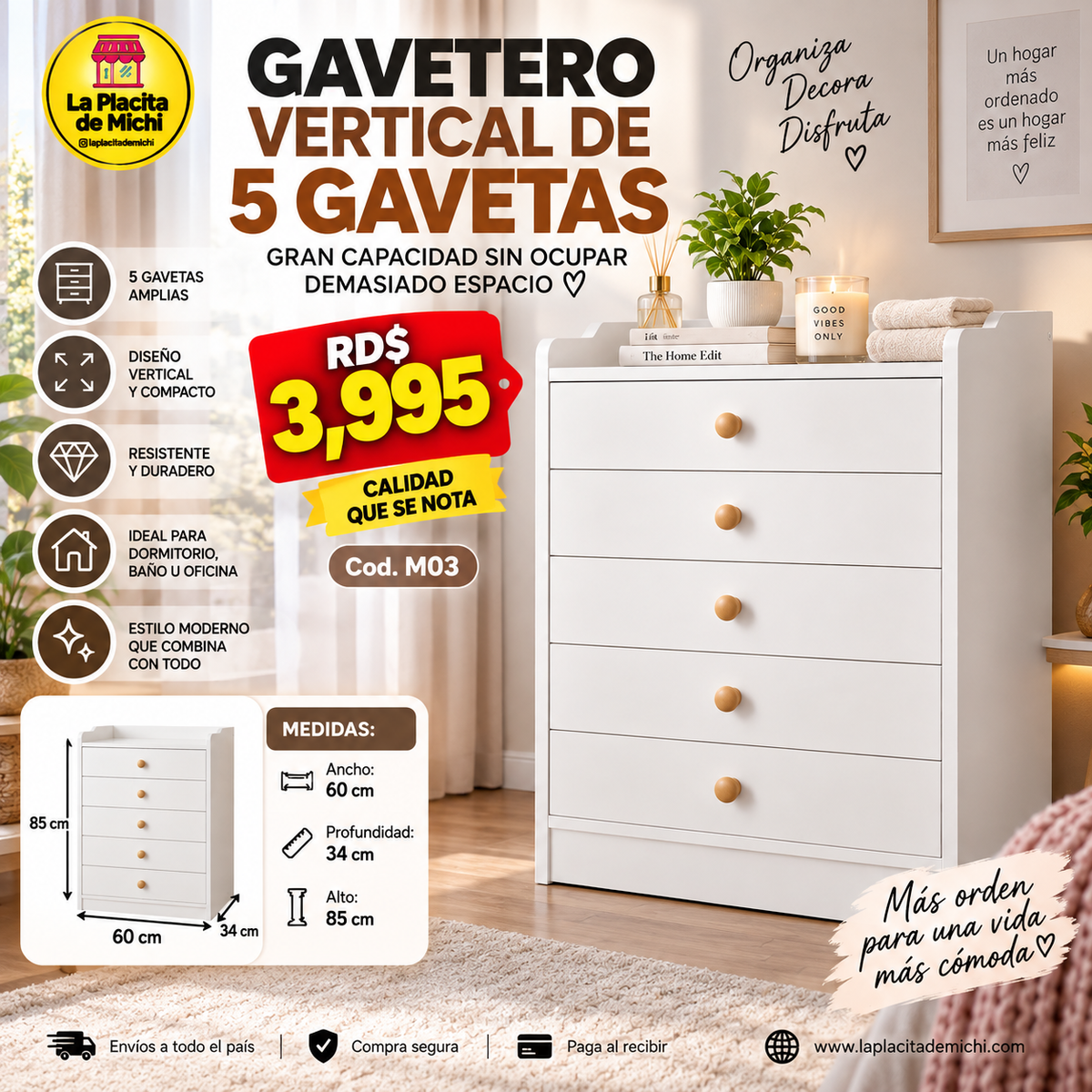 🗄️✨ GAVETERO VERTICAL DE 5 GAVETAS – GRAN CAPACIDAD SIN OCUPAR DEMASIADO ESPACIO ✨🗄️🆔(Cod. M03)

💰RD$3,995 

📐 Medidas:
60 cm de ancho × 34 cm de profundidad × 85 cm de alto