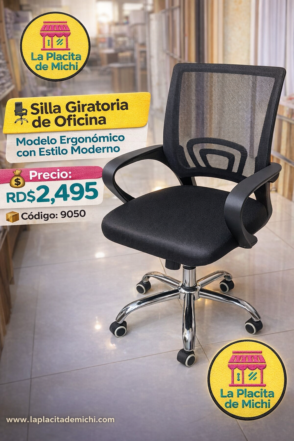 🪑 Silla Giratoria de Oficina (9050) – Modelo Ergonómico con Estilo Moderno
💰Precio: RD$2,495