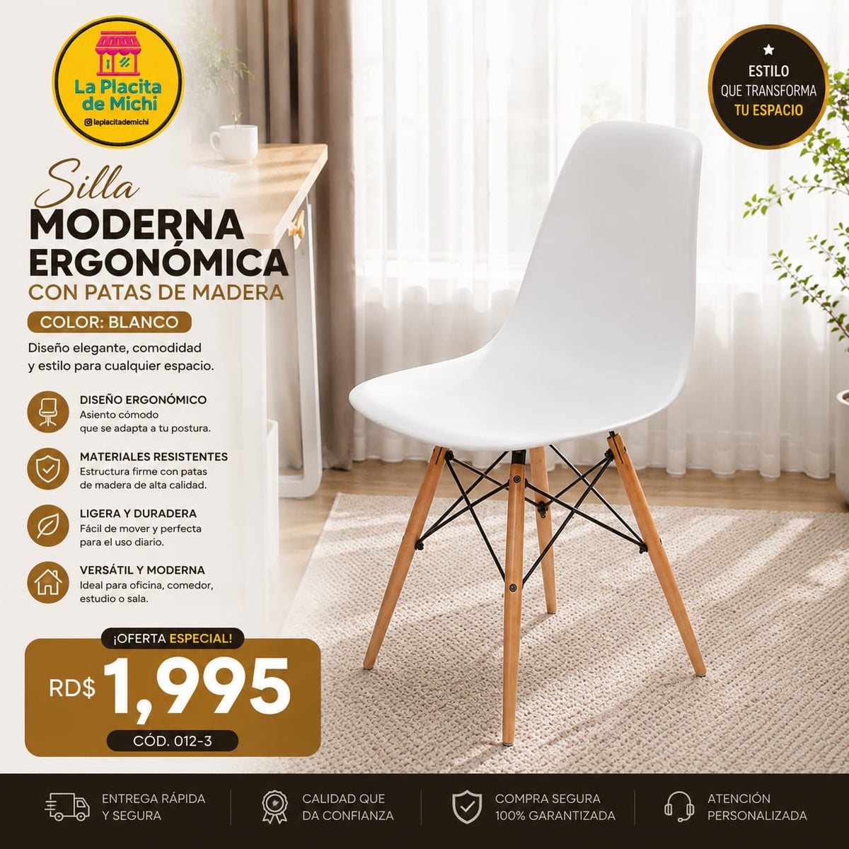 🪑✨ SILLA MODERNA ERGONÓMICA BLANCA CON PATAS DE MADERA ✨🪑
(Cod. 012-3)

💰RD$1,995