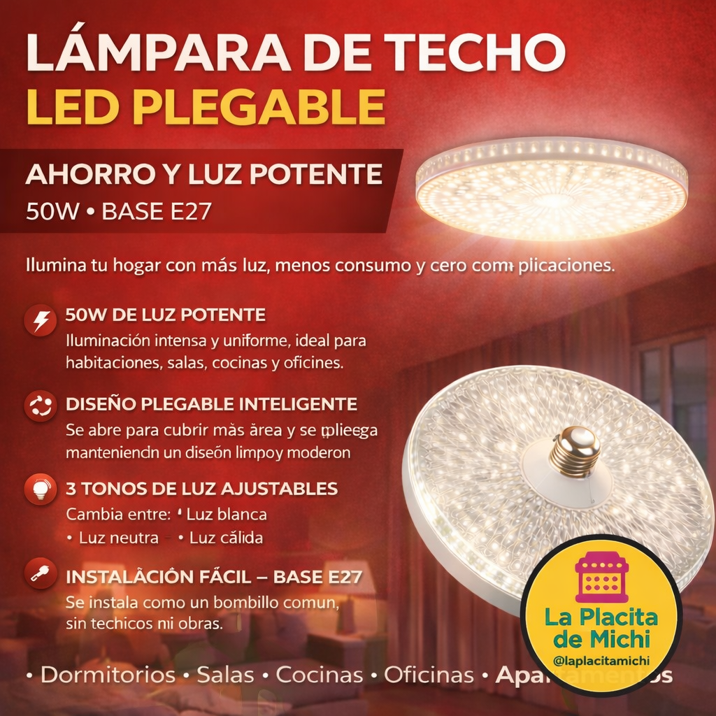 🔴💡 LÁMPARA  ELEGANTE DE TECHO LED PLEGABLE – 50W POTENCIA REAL 💡🔴 (Cod.66046)

💰RD$995