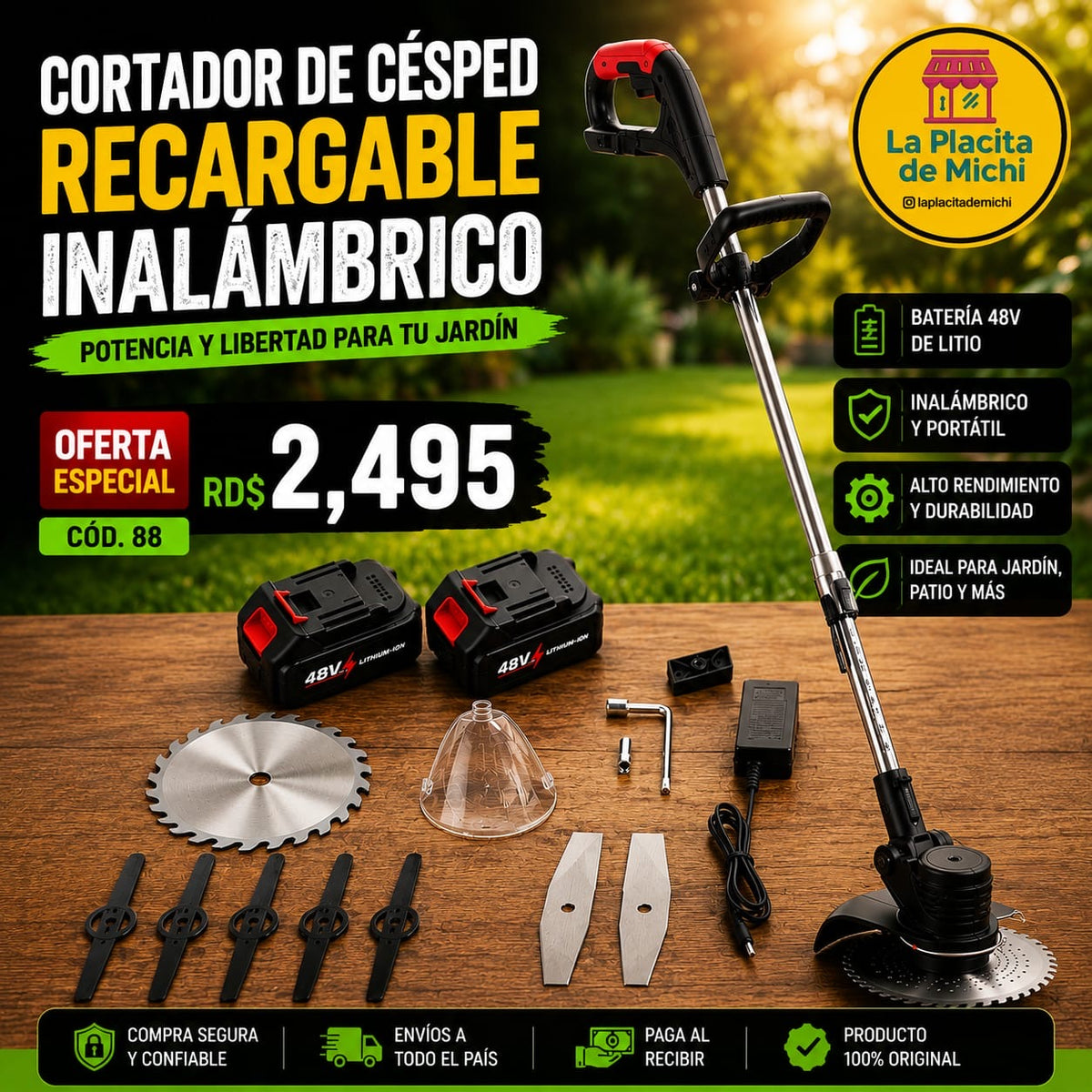 🌿⚡ CORTADOR DE CÉSPED RECARGABLE INALÁMBRICO ⚡🌿
🆔 Cod. 88
💰 RD$2,495